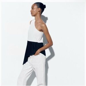 Zara White and Black One-Shoulder Short Sleeve Top